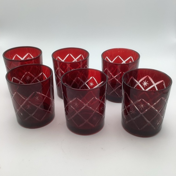 Six Target Etched Red Glass Votive Candle Holders - Picture 2 of 7